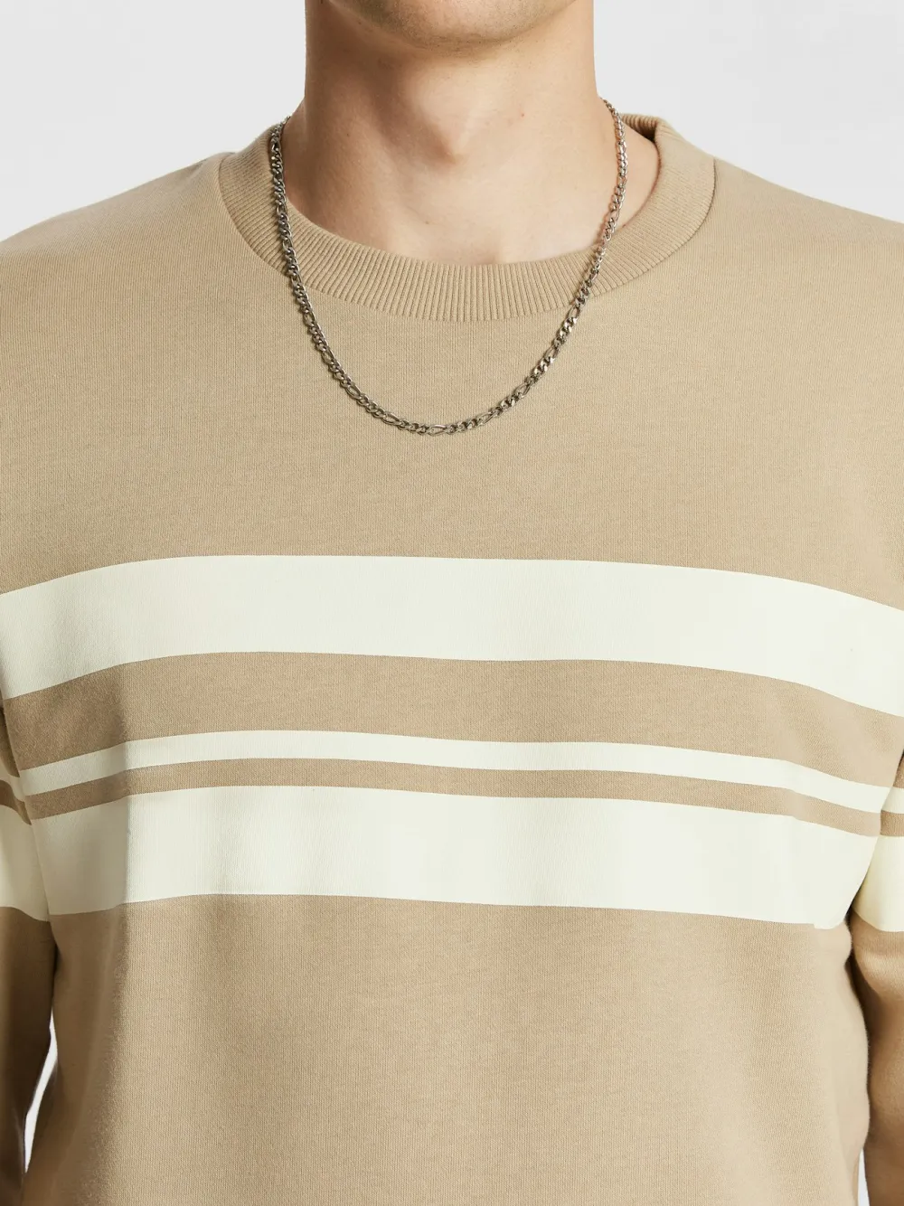 Tan Crew Neck Striped Sweatshirt