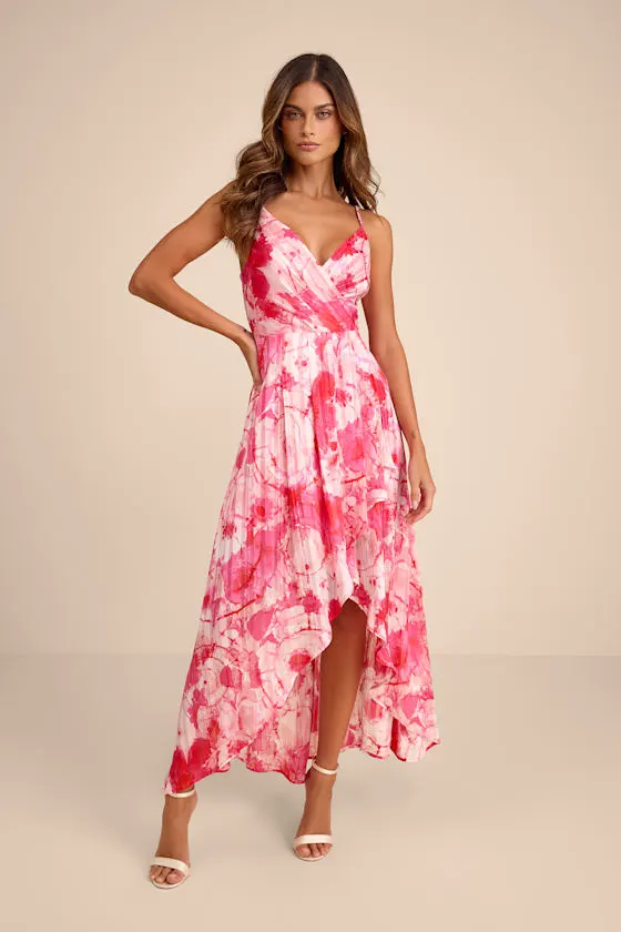 An Enchanting Dream Pink Multi Print High-Low Maxi Dress