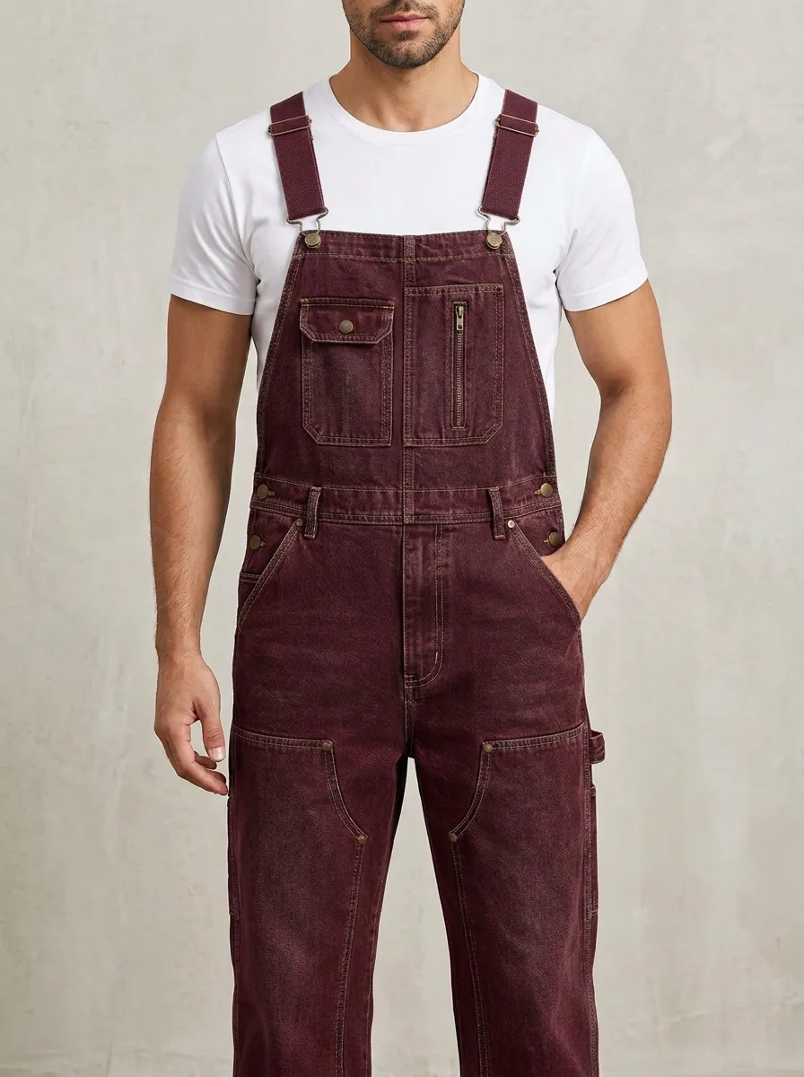 Men's Casual Workwear Blue Denim Multi-Pocket Bib Overalls