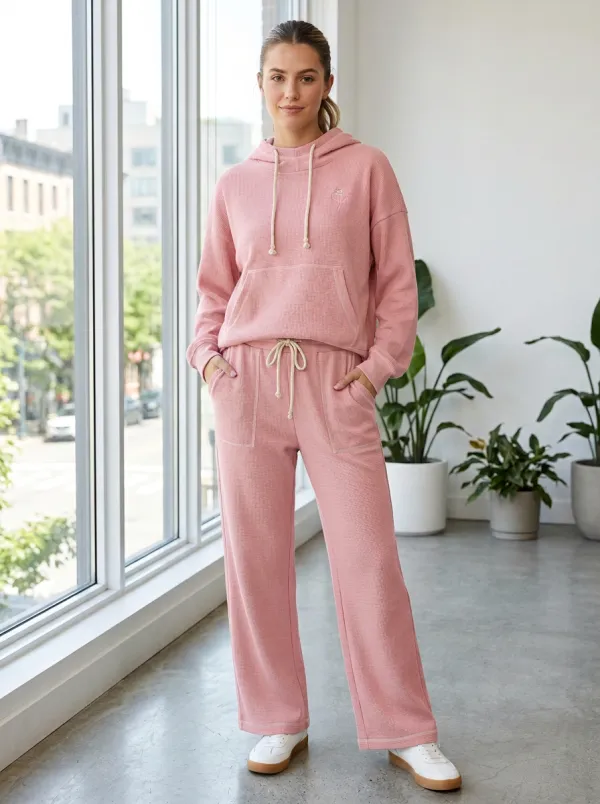 Women's Minimalist Floral Waffle Knit Embroidered Hoodie Jogger Set