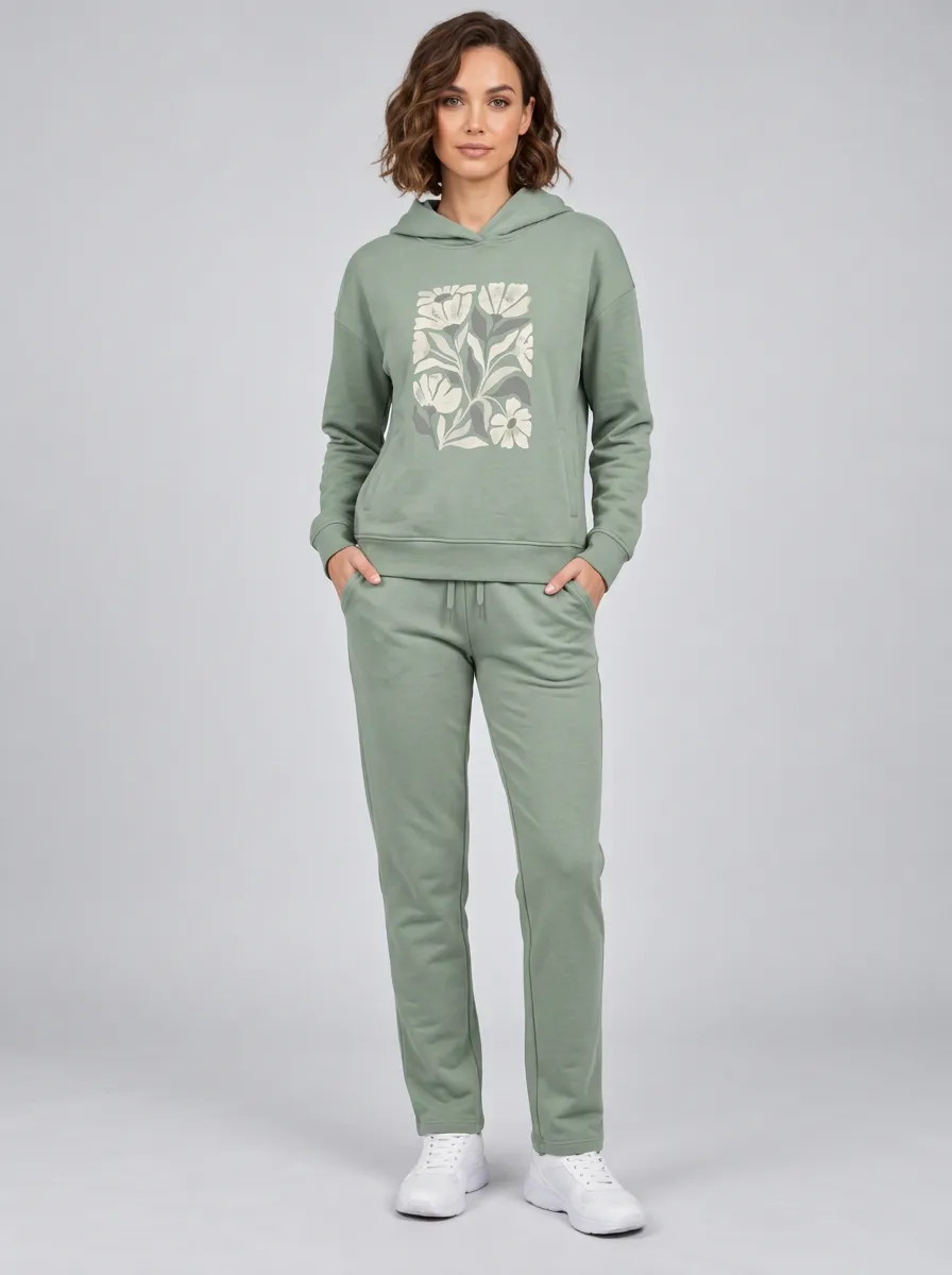 Women's Sage Green Straight-Leg Pants Solid Hoodie & Pants Set