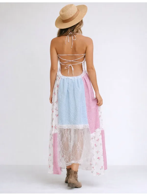 Boho Lace Patchwork Halter Neck Midi Dress