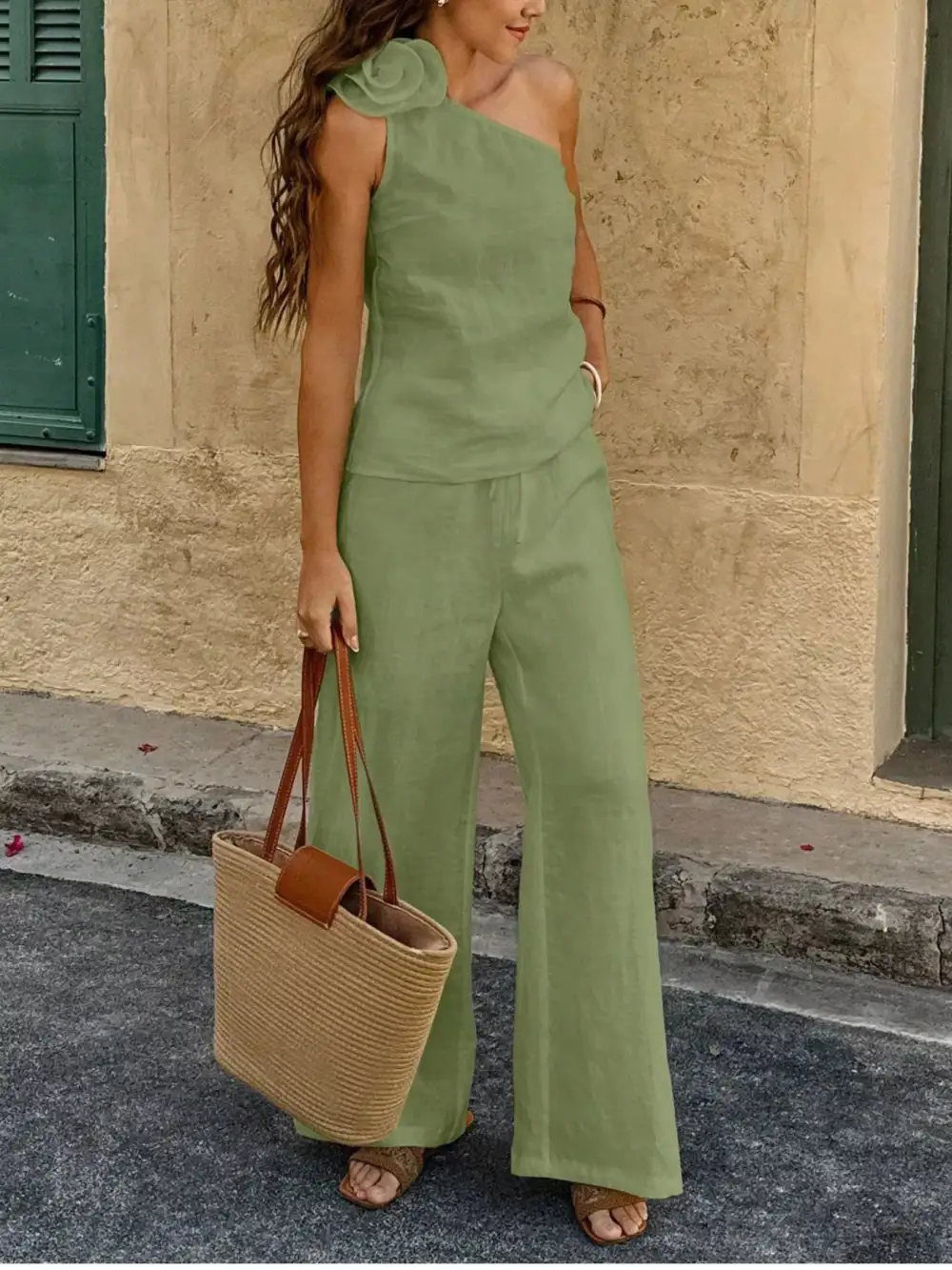 One-shoulder Embellished Top and Pants Set