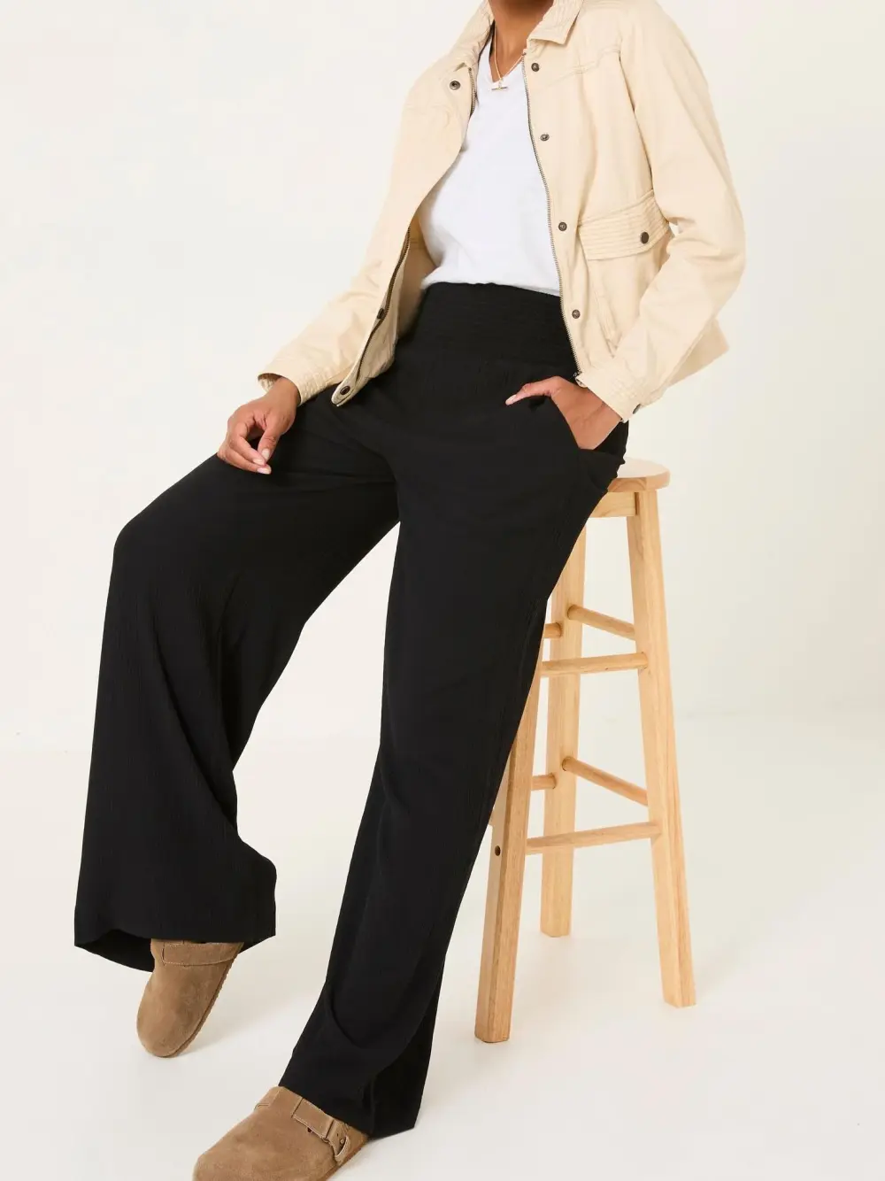 Black Shirred Palazzo Wide Leg Trousers