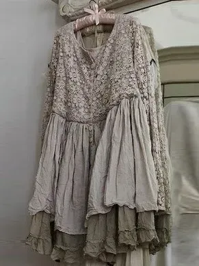 Womens A-line Lace Stitching Layered Design Casual Linen Mini Dress