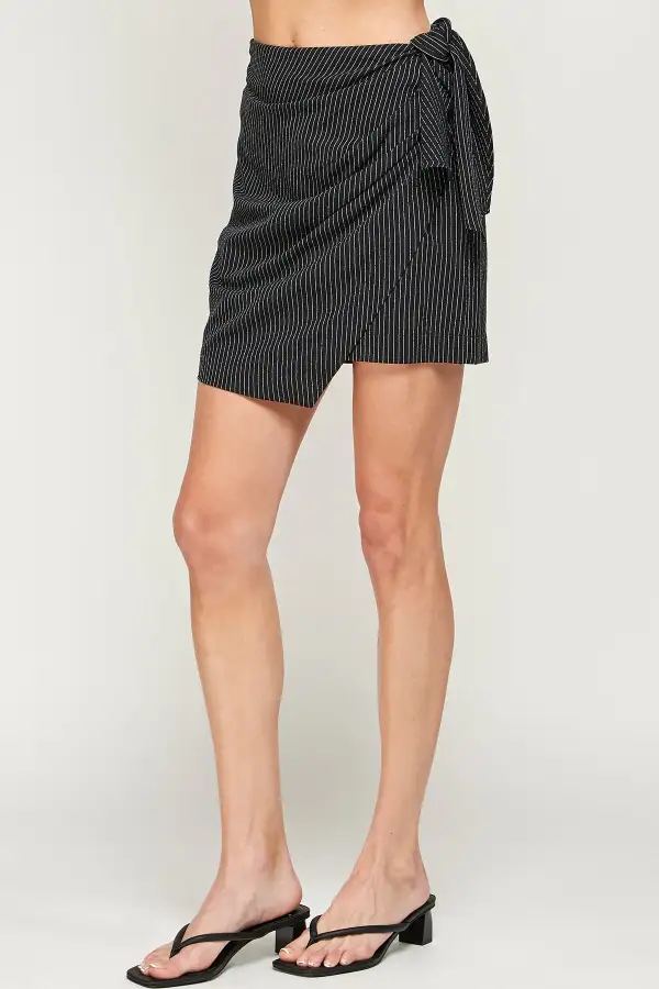 Pinstripe Wrap Tie Mini Skirt