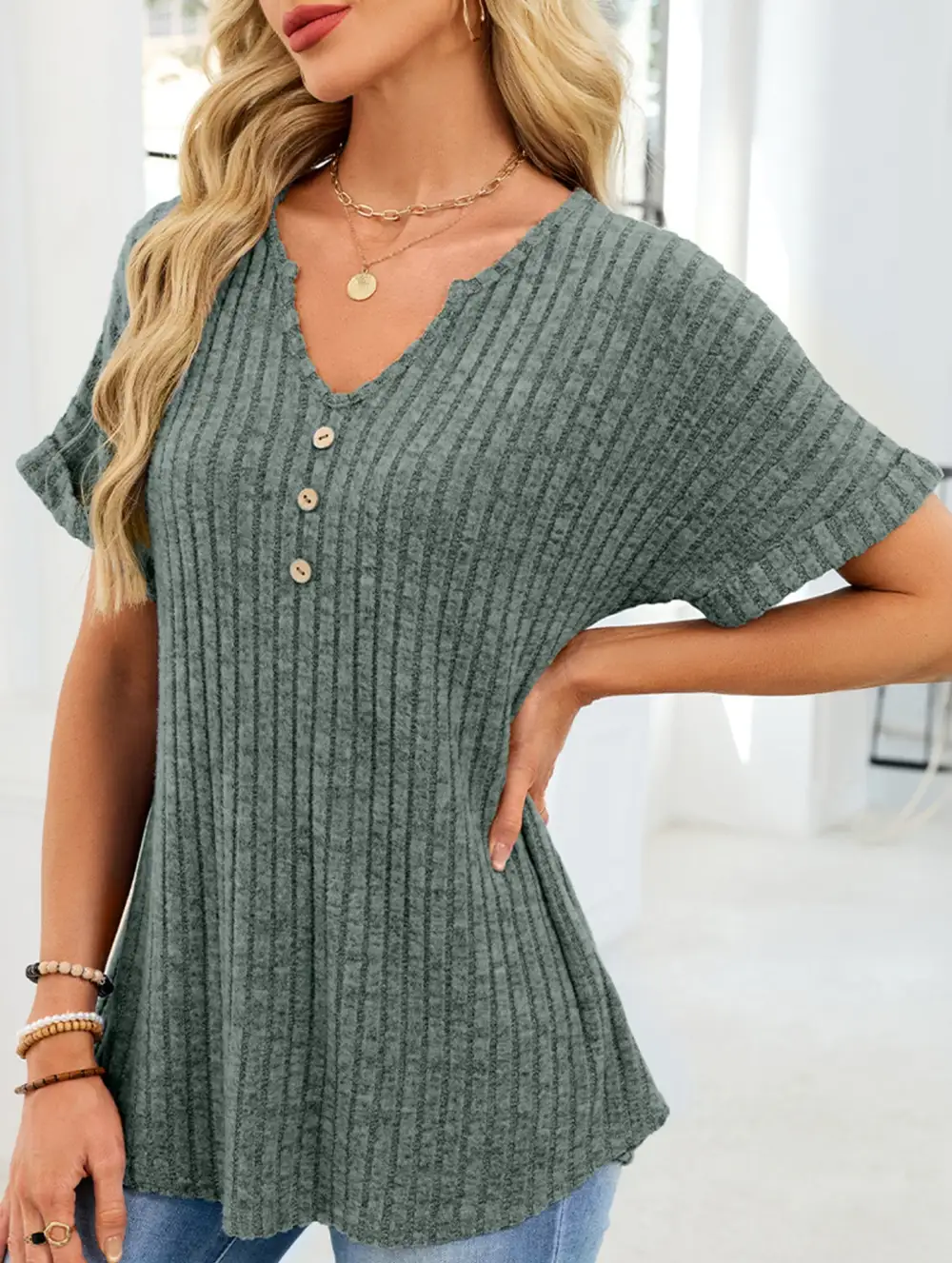 V Neck Button Front Loose Ribbed Tee