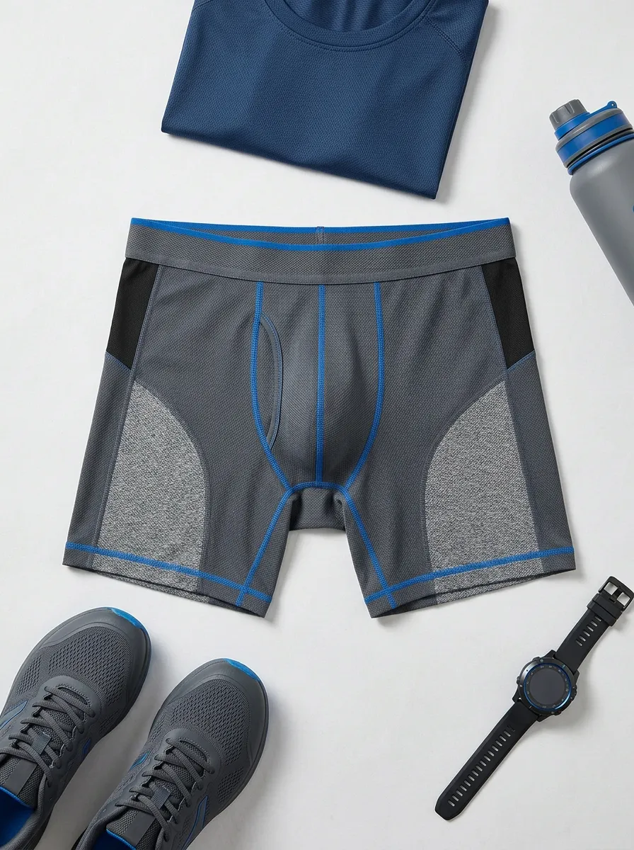 Men's Athletic Performance Blue Stitched Mesh Printed Boxer Briefs