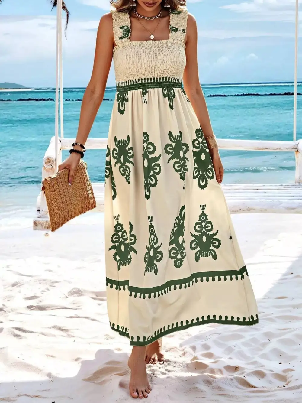 Printed Square Neck Smocked Maxi Dress