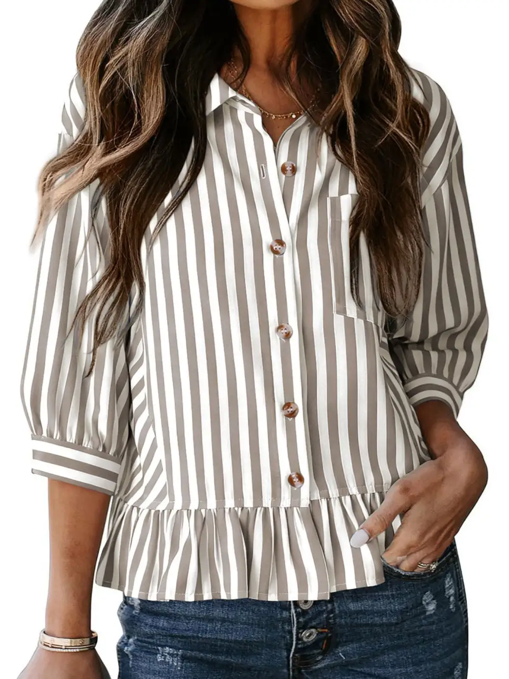 Striped Ruffle Hem Button Down Shirt