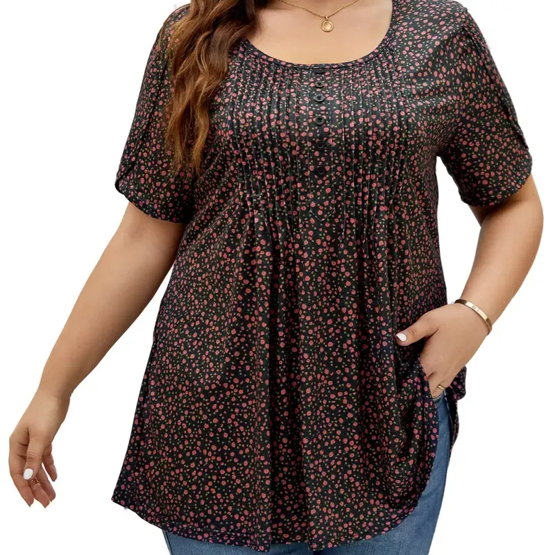Women's Plus Size Summer Waist-Cinching Top with Round Neck and Printed Casual Short Sleeves