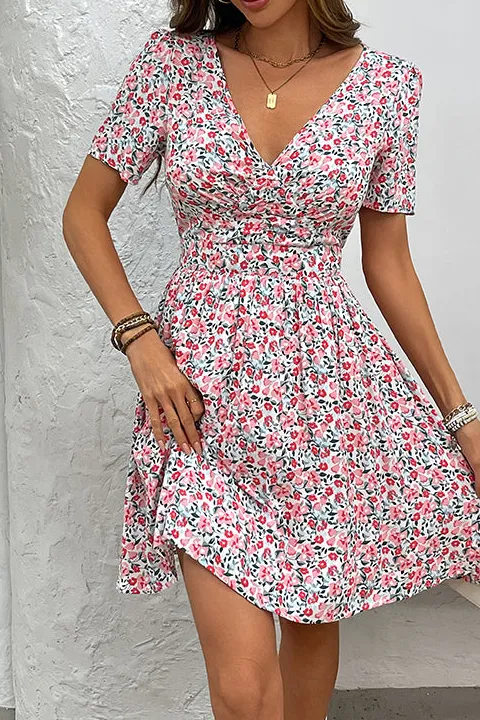 V Neck Floral Print Casual Dress