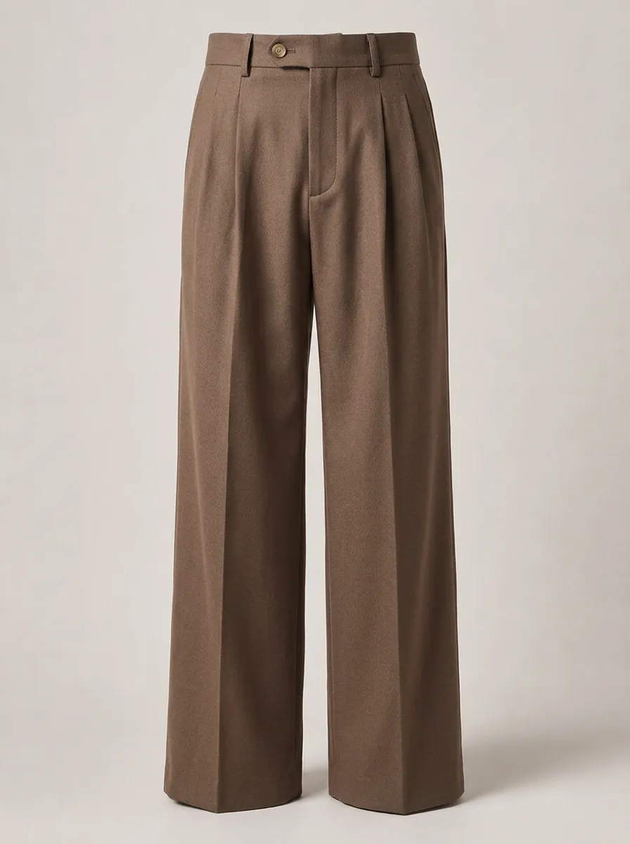 Men's Casual Business Brown Pleated Wide Leg Trousers