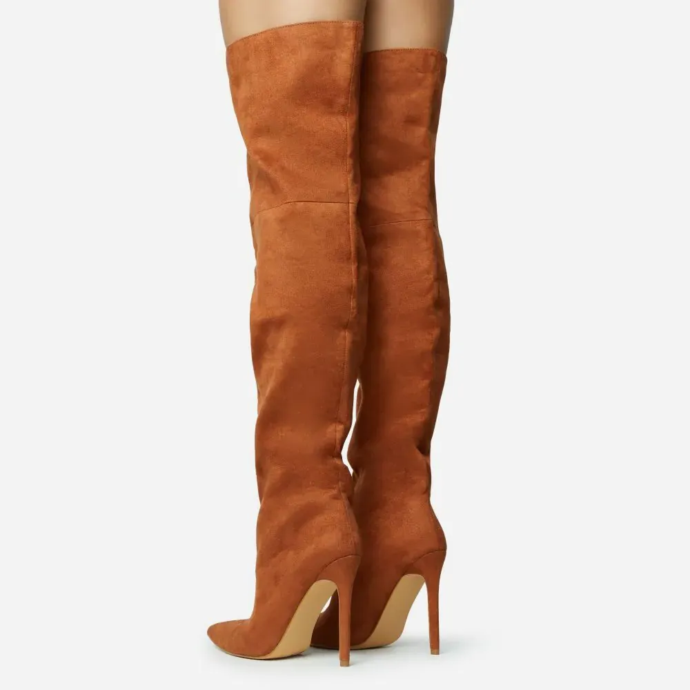 Faux-Suede Pointed-Toe Stiletto-Heel Platform Over-the-Knee Boots