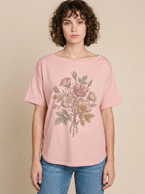 Women's Botanical Wild Rose Bouquet Graphic Crewneck T-Shirt