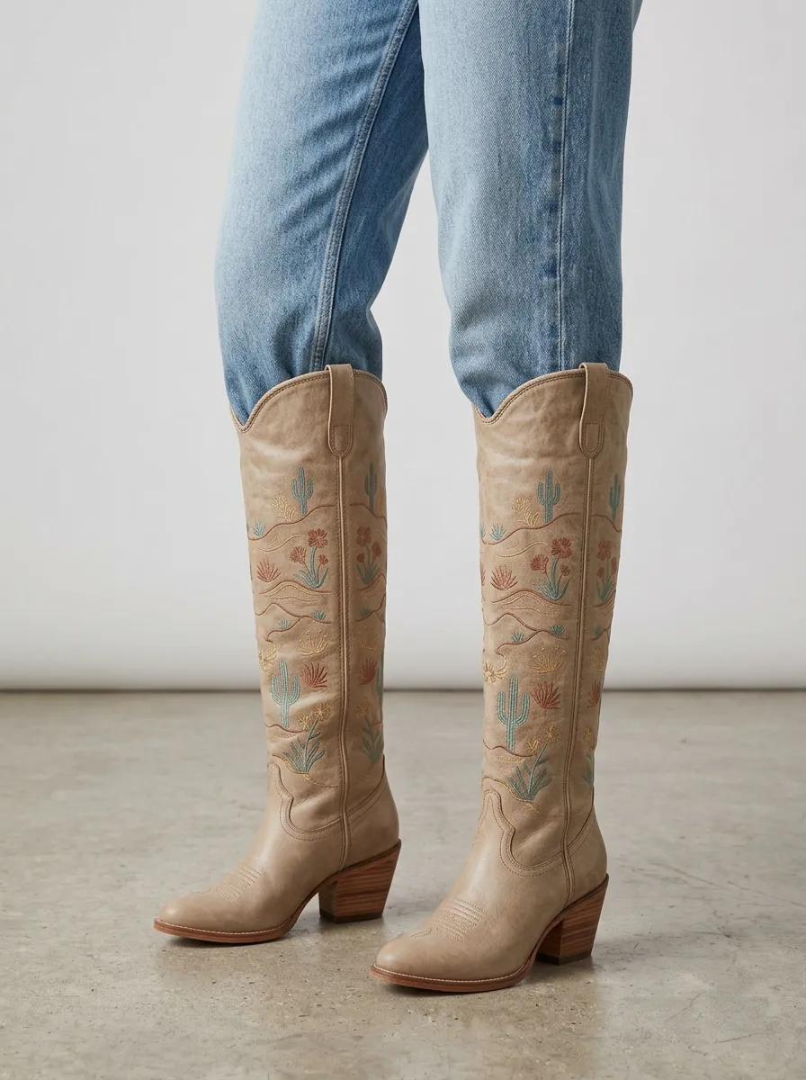 Women's Western Cactus Floral Wing Embroidered Piped Block-Heel Denim Over-the-Knee Boots