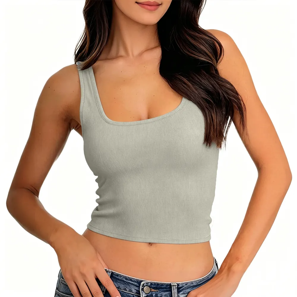 Women Rib Tank Top Padded Workout Top Square Neck Crop Tank