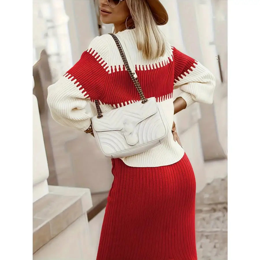 Two Tone Ribbed Knit Top and Skirt Sweater Set
