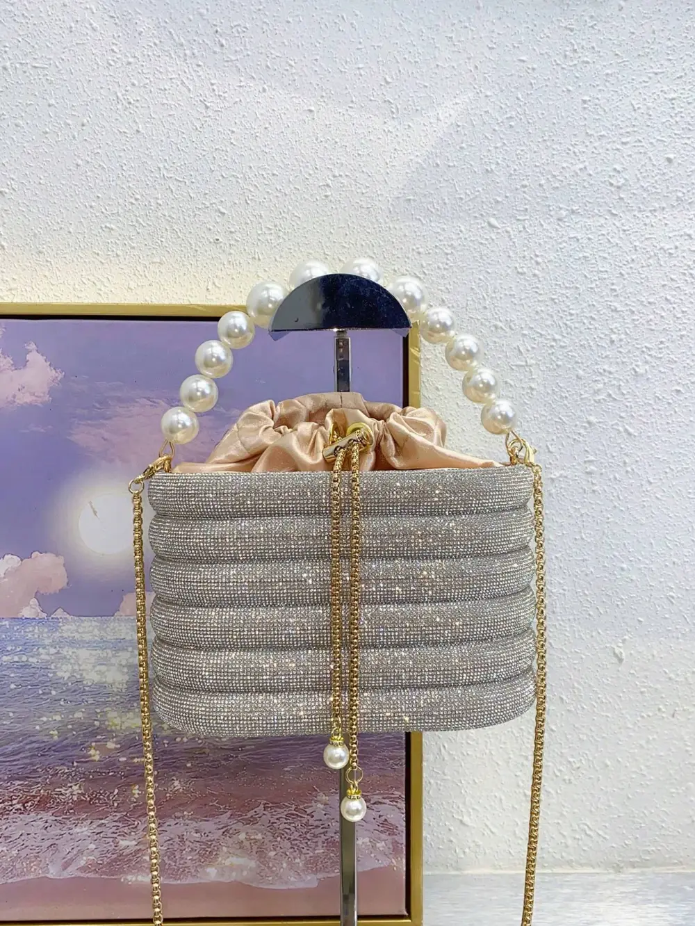 Bridal Wedding Pearl Purse Party Prom Glitter Bling Rhinestone Clutches Shoulder Bag