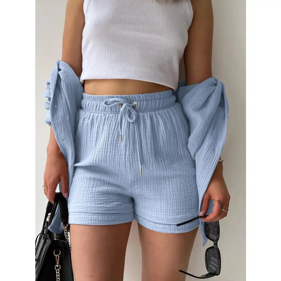 Relaxed Textured Button Up Shirt and Shorts Set
