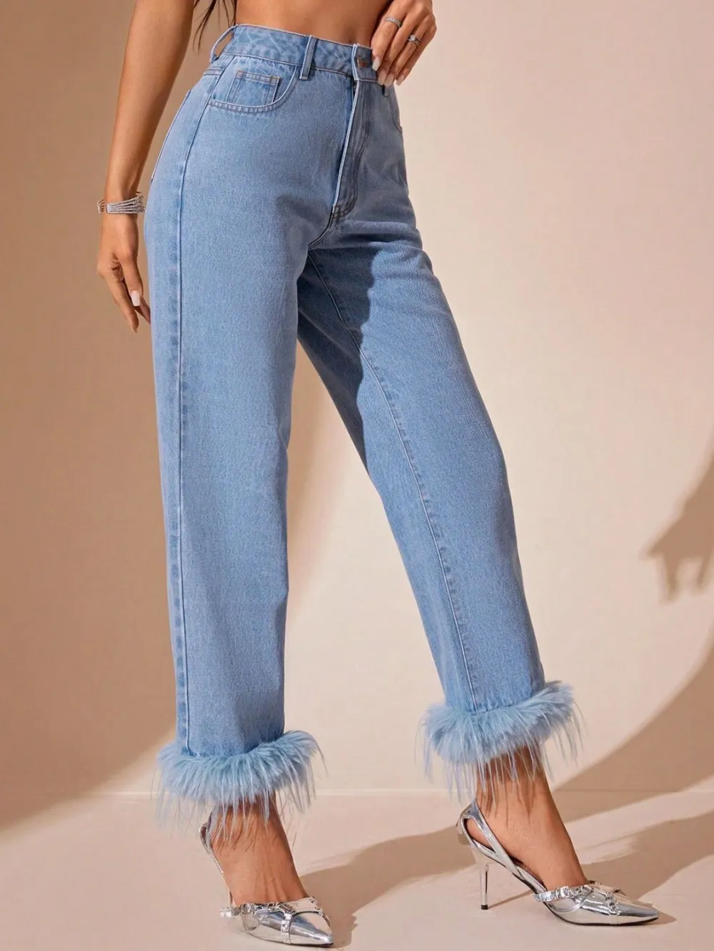 Plush Hem High Rise Straight Denim Jeans