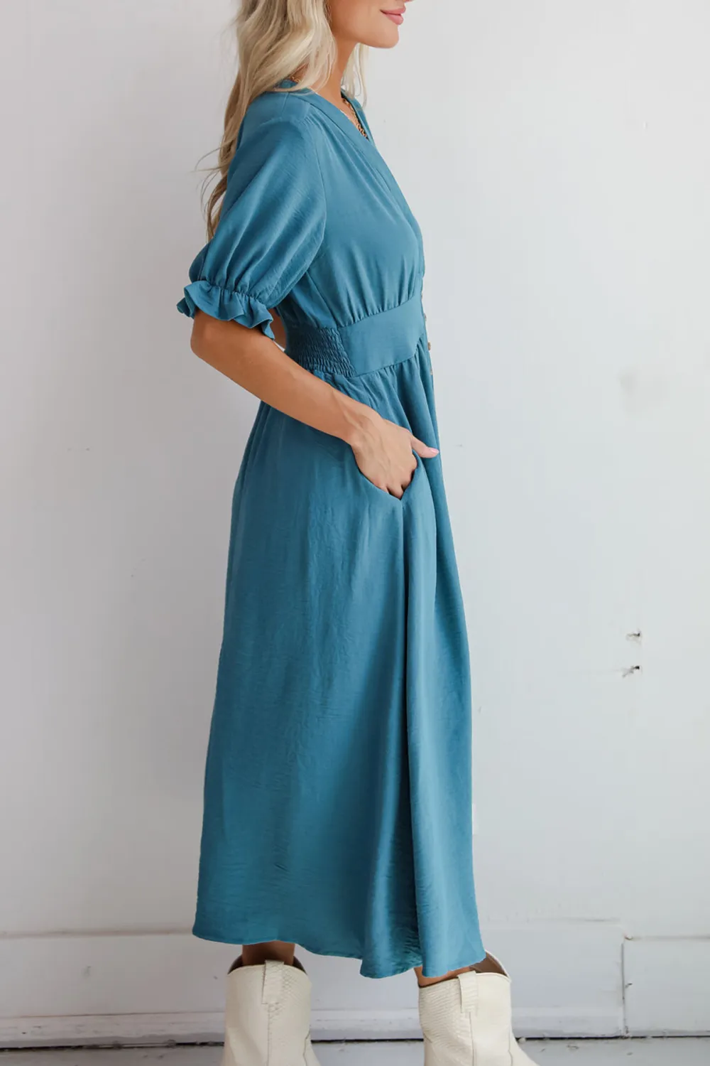 V-Neck Teal Midi Dress