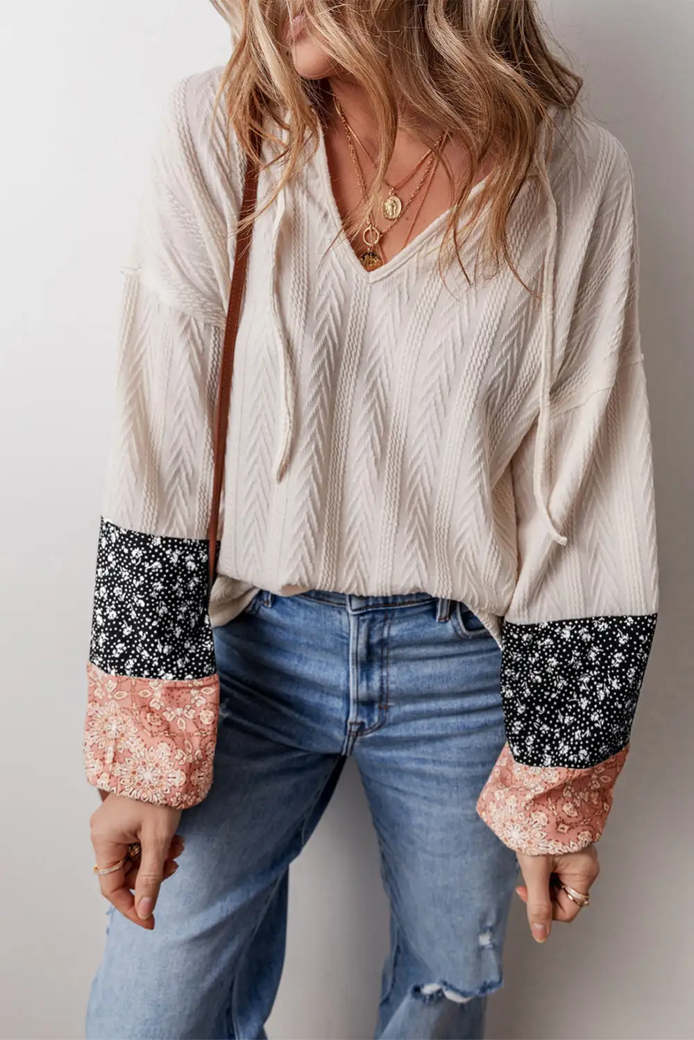 Refined Floral Patchwork Textured Knit Drawstring V Neck Blouse