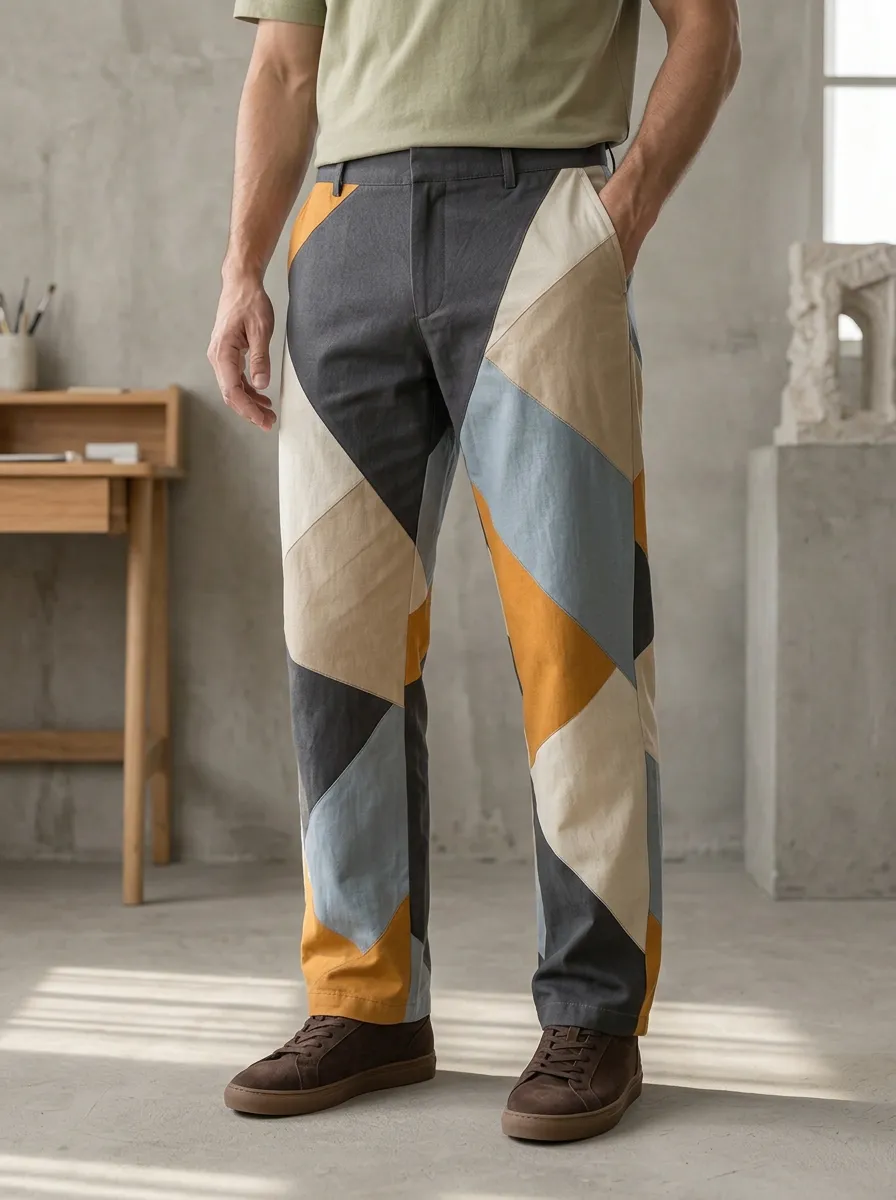 Men's Regular-Fit Geometric Patchwork Trousers