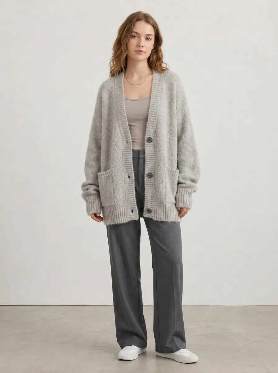 Women's Casual Minimalist Grey Fuzzy Knit Button-Up Cardigan