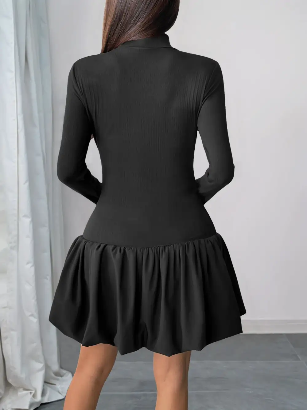 Textured Detail Mock Neck Long Sleeve Dress