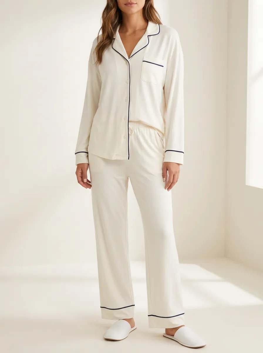 Women's Notched-Lapel Piped Drawstring Pajama Set