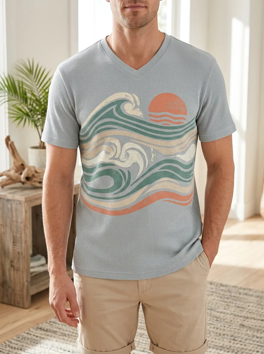 Men's Beach Lover Retro Ocean Wave Sunset Printed V-Neck T-Shirt