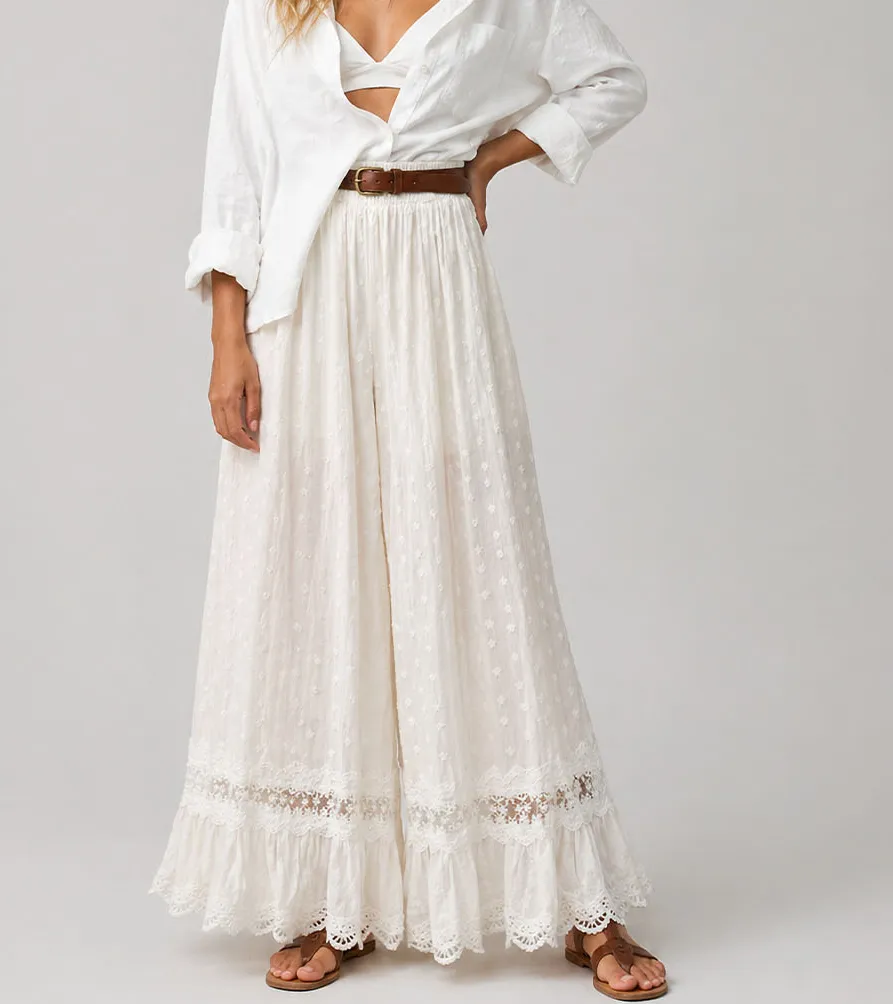Embroidery Lace Hem Wide Leg Pants