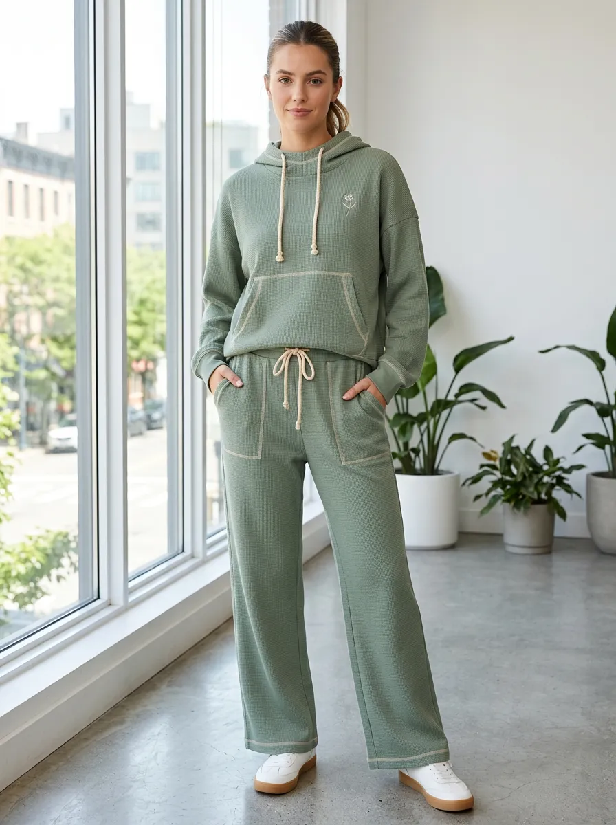 Women's Minimalist Floral Waffle Knit Embroidered Hoodie Jogger Set