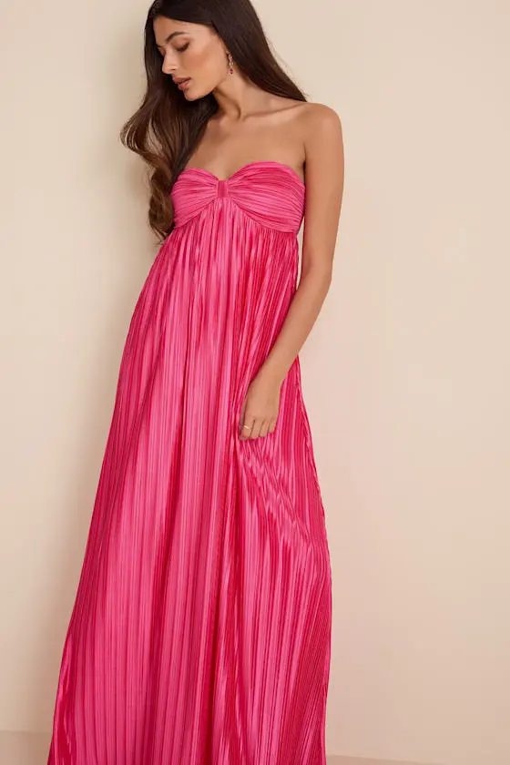 Whimsical Beauty Hot Pink Satin Plisse Strapless Maxi Dress