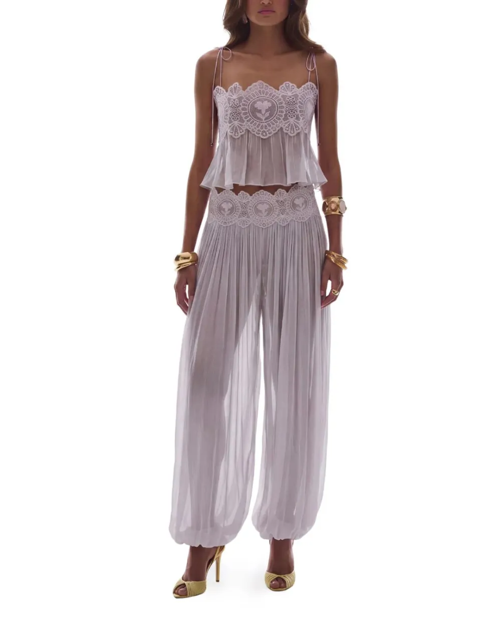 Slim Fit Ruffle Trim Open-Back Chiffon Set