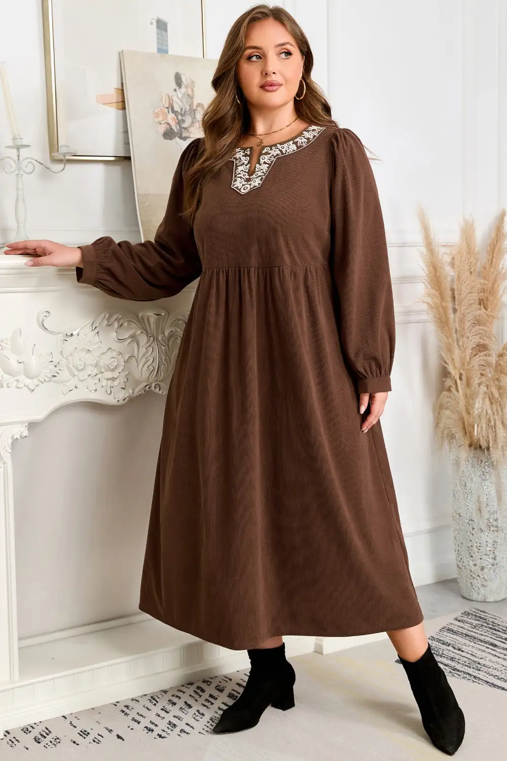 Embroidered Split Neck Pleated Midi Dress