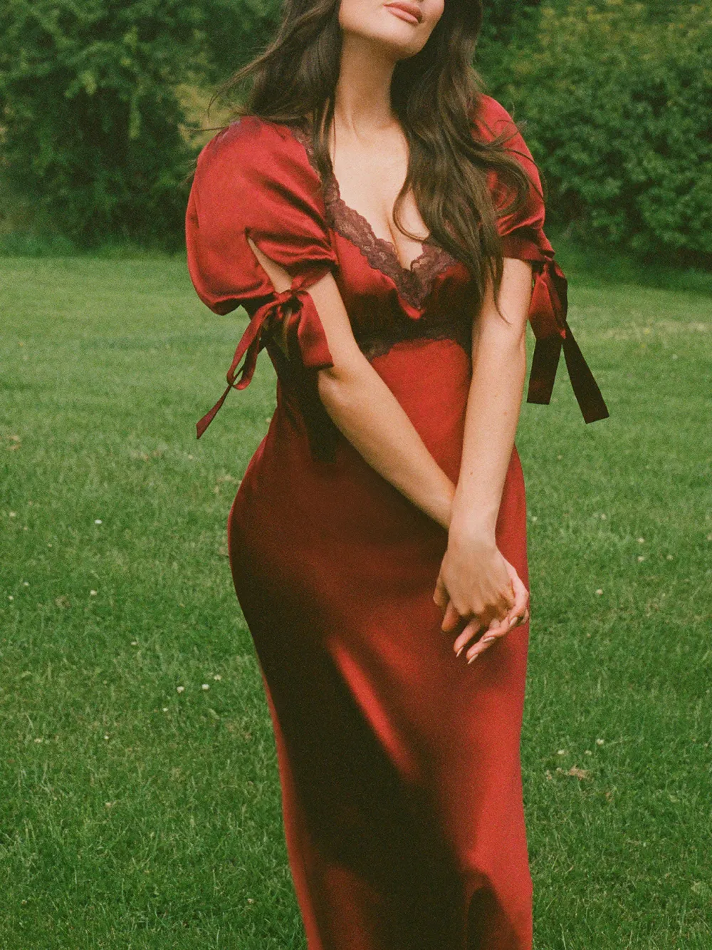 Lace Trimmed Tie Sleeve Silk Midi Dress