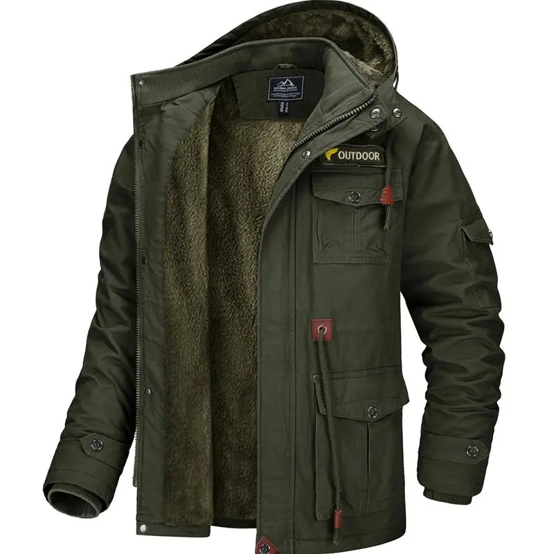 Men's Winter Coat Jacket Fleece Lined Parka Cotton Cargo Jacket Menswear Tops Long Sleeve Warm Thermal Hoodie