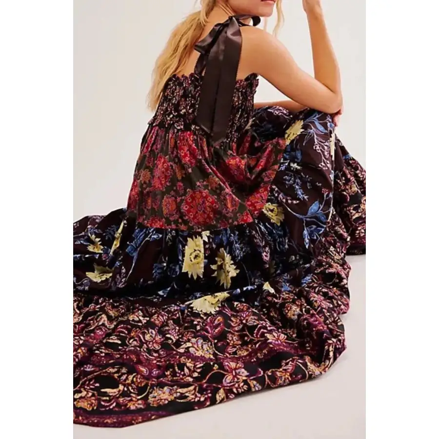Floral Tiered Maxi Dress with Mixed Print Design