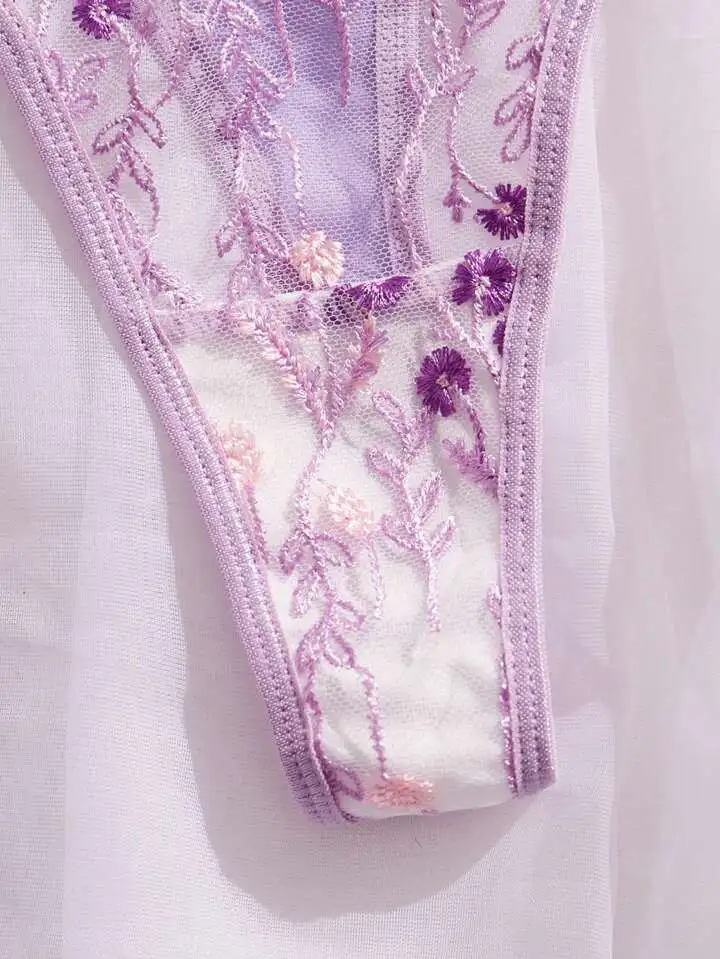 Delicate Floral Embroidered Sheer Lingerie Set
