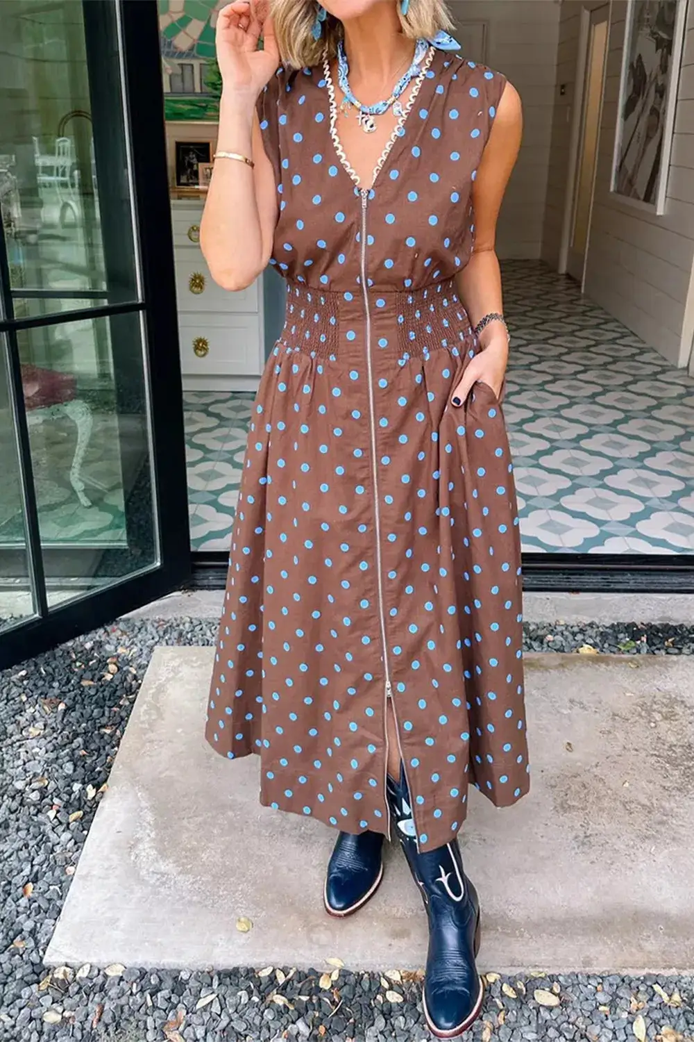 Polka Dot Zip Front Midi Dress