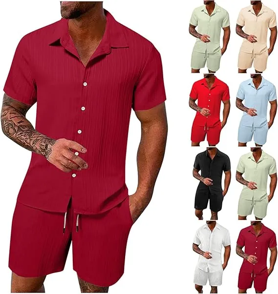 Men'S Solid Textured Short Sleeve Button Front Shirt & Pocket Drawstring Waist Shorts Two-Piece Set, Casual Summer Outfits Clothes Set For Men, Sets For Men Clothing, Menswear,  Summer Outfits Set