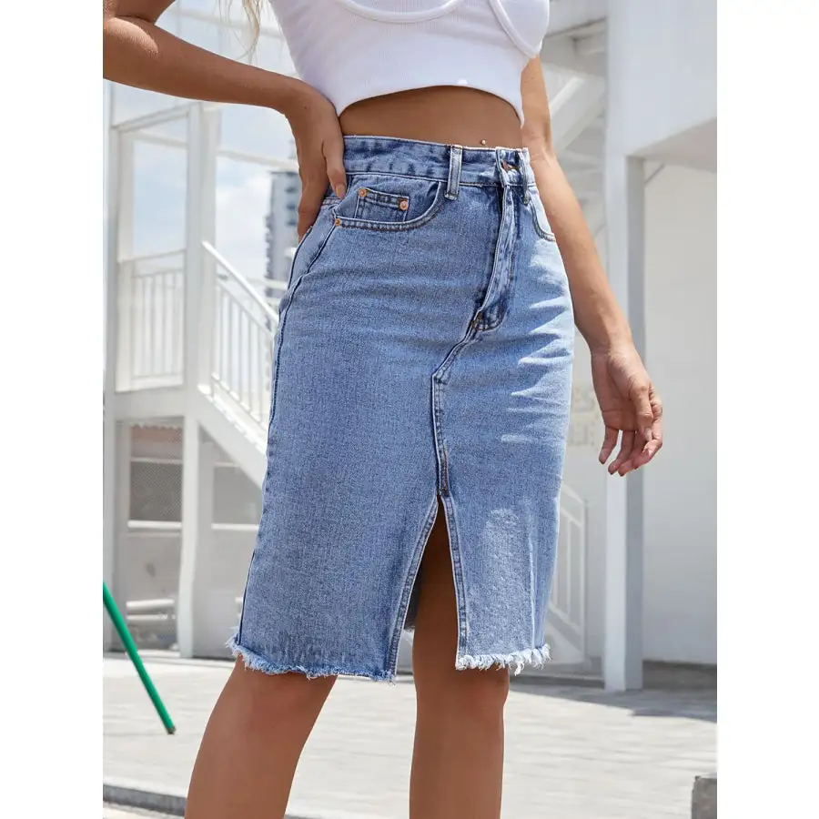 Raw Hem Slit Denim Skirt