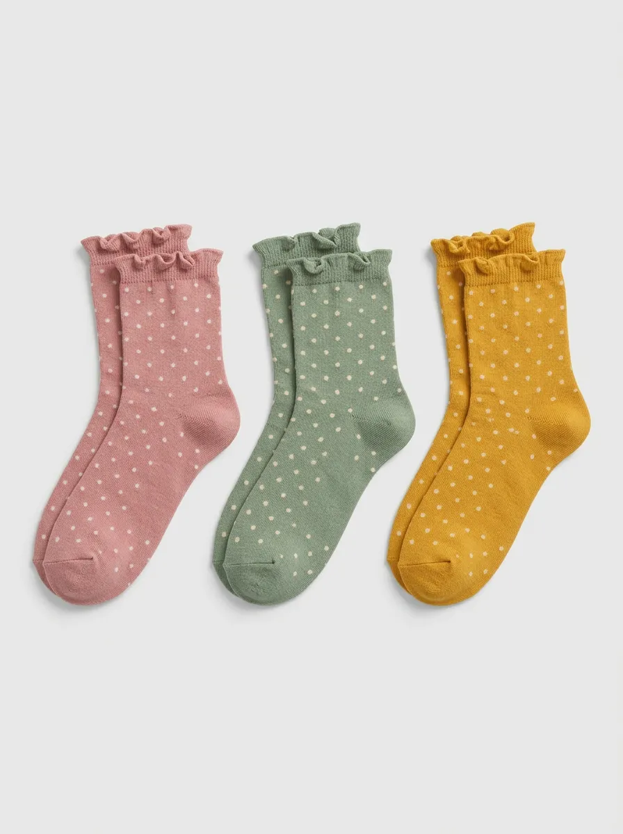 Women's Multicolor Polka Dot Ruffle-Trim Ribbed Crew Socks 3-Pack