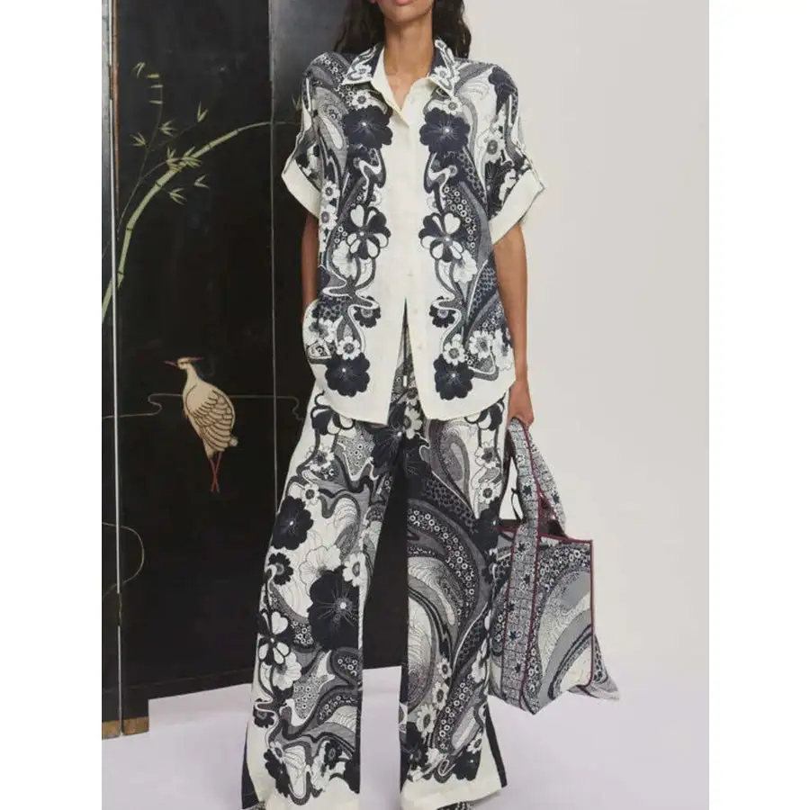 Flowing Printed Button Up Shirt and Pants Set