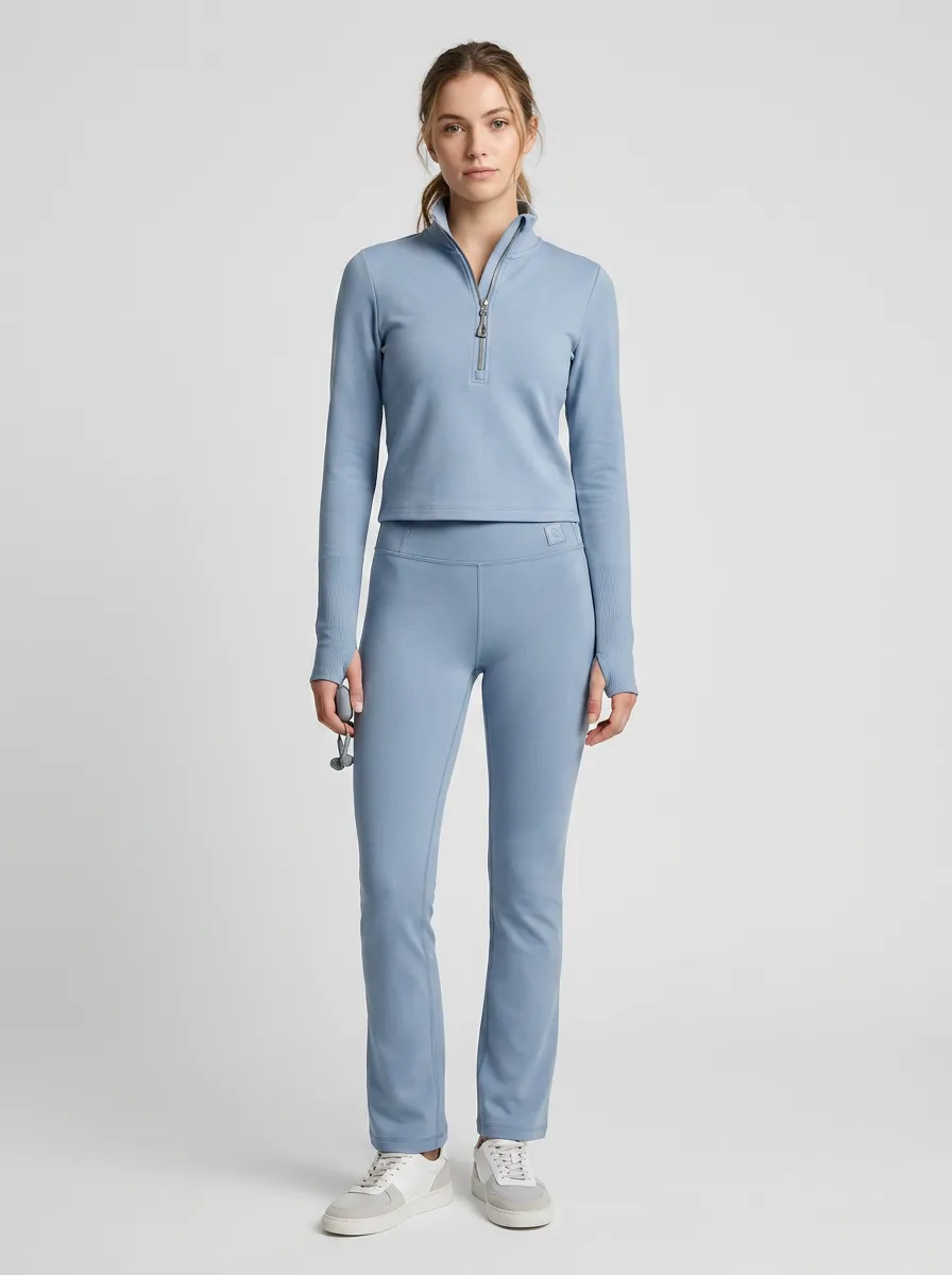 Women's Blue Solid Color Quarter-Zip Pullover Leggings Set