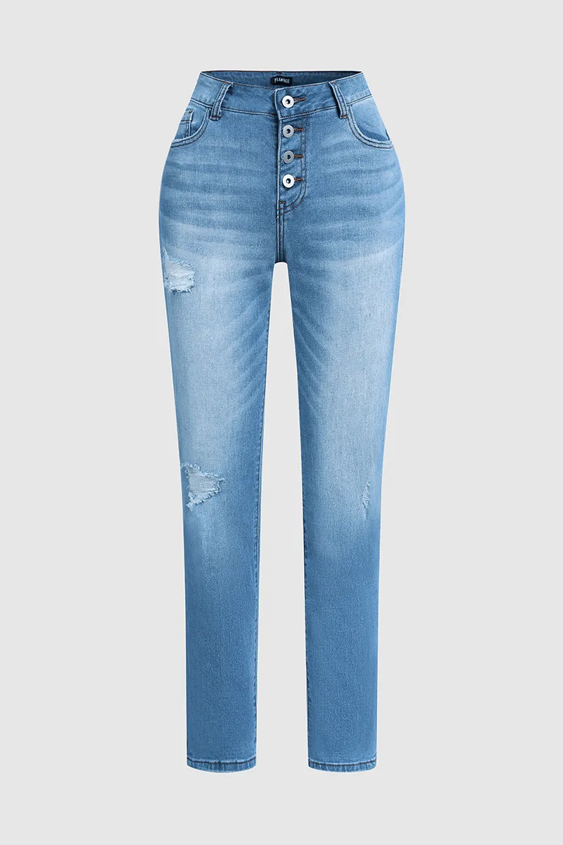 Ripped Button Fly Mid Waist Skinny Jeans