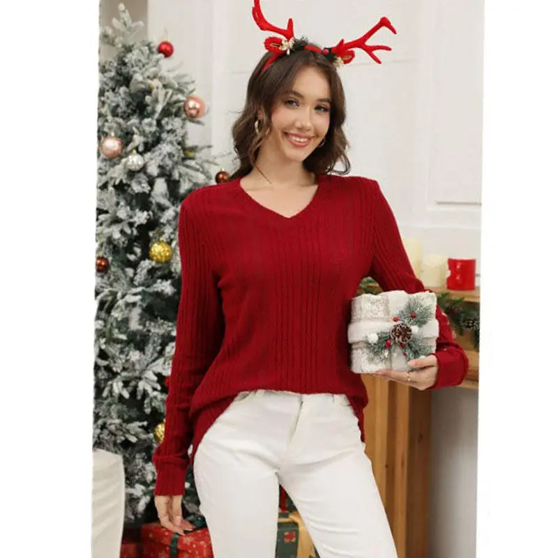 Women's V-Neck Long Sleeve Knit Sweater | Lightweight | Oversized Loose Fit Sweater for Layering