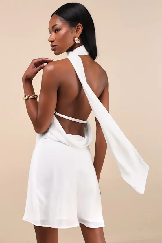 Isloda Blue One-Shoulder Backless Sash Mini Dress